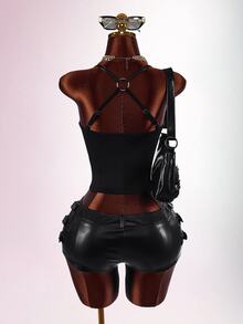 Amplova Y2k Black Tight Fit PU Low-Waist Decorated Ultra-Short Shorts Rave Festival Outfits Summer - Black - View 14