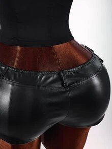 Amplova Y2k Black Tight Fit PU Low-Waist Decorated Ultra-Short Shorts Rave Festival Outfits Summer - Black - View 12