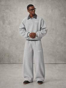 STYNVO Men's Patchwork Plaid Polo Collar Sweatshirt And Sweatpants Casual Set - Light Grey - View 1