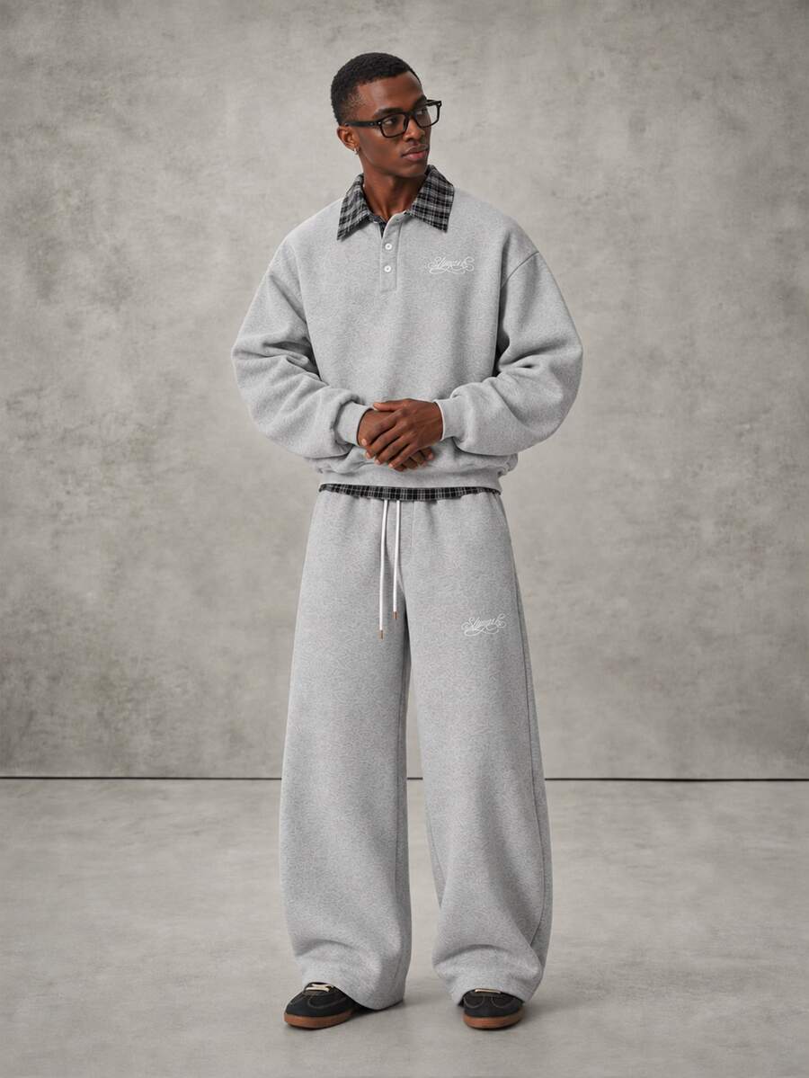 STYNVO Men's Patchwork Plaid Polo Collar Sweatshirt And Sweatpants Casual Set - Light Grey - View 1