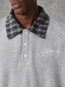 STYNVO Men's Patchwork Plaid Polo Collar Sweatshirt And Sweatpants Casual Set - Light Grey - View 4