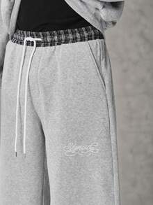 STYNVO Men's Patchwork Plaid Polo Collar Sweatshirt And Sweatpants Casual Set - Light Grey - View 5