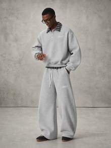 STYNVO Men's Patchwork Plaid Polo Collar Sweatshirt And Sweatpants Casual Set - Light Grey - View 3