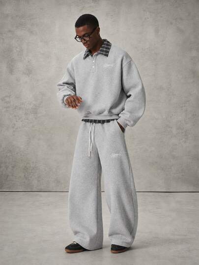 STYNVO Men's Patchwork Plaid Polo Collar Sweatshirt And Sweatpants Casual Set