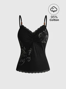 ROMWE Fairycore Women's Floral Print Pleated Contrast Lace Camisole - Black - View 1