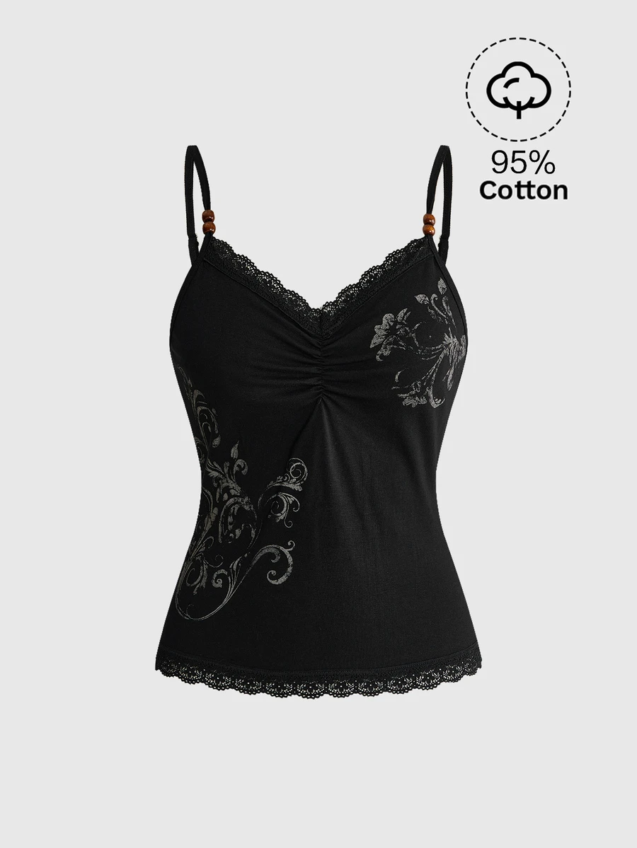 ROMWE Fairycore Women's Floral Print Pleated Contrast Lace Camisole - Black - View 1
