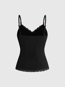 ROMWE Fairycore Women's Floral Print Pleated Contrast Lace Camisole - Black - View 2