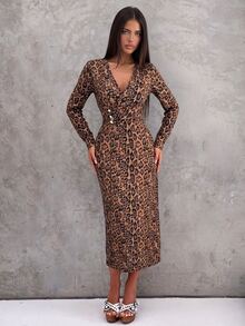 Vavine Autumn/Winter Leopard Print Long Sleeve Cinched Waist Button Decor Elegant Dress - Multicolor - View 3