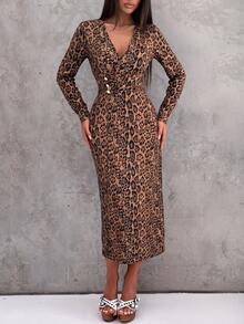 Vavine Autumn/Winter Leopard Print Long Sleeve Cinched Waist Button Decor Elegant Dress - Multicolor - View 7