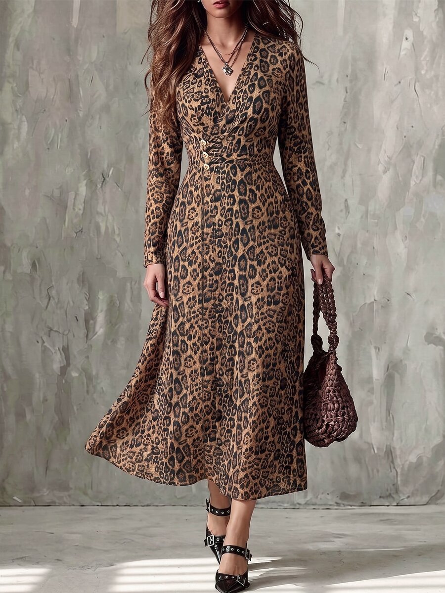 Vavine Autumn/Winter Leopard Print Long Sleeve Cinched Waist Button Decor Elegant Dress - Multicolor - View 1