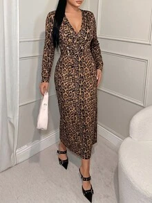 Vavine Autumn/Winter Leopard Print Long Sleeve Cinched Waist Button Decor Elegant Dress - Multicolor - View 6