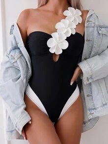 SHEIN Swim Black,Summer,Elegant,Beach,Holiday,Holiday Women Bikini Set Swimsuit Contrast Color Ruffle Hem One-Piece Floral Textured Party New Year Dress - Black - View 2