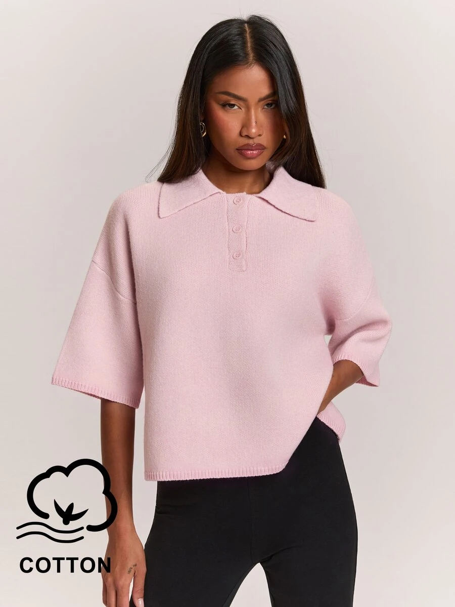 SHEIN BAE 新款優雅通勤休閒翻領半開鈕扣落肩寬鬆短袖女款針織衫 - 粉色 - 查看 1