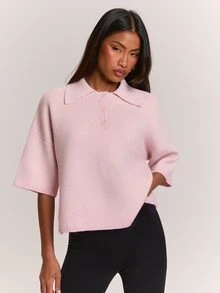 SHEIN BAE 新款優雅通勤休閒翻領半開鈕扣落肩寬鬆短袖女款針織衫 - 粉色 - 查看 5