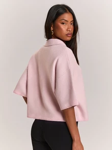 SHEIN BAE 新款優雅通勤休閒翻領半開鈕扣落肩寬鬆短袖女款針織衫 - 粉色 - 查看 2