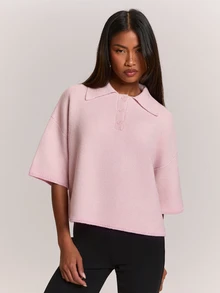 SHEIN BAE 新款優雅通勤休閒翻領半開鈕扣落肩寬鬆短袖女款針織衫 - 粉色 - 查看 6