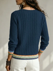 SHEIN LUNE 女式彩色丝带印花拼布V领长袖运动衫，秋冬 - 彩色 - 查看 2