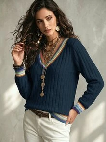 SHEIN LUNE 女式彩色丝带印花拼布V领长袖运动衫，秋冬 - 彩色 - 查看 3