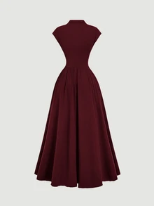 Skyraze Women's Burgundy High Neck Long Knit Dress Party Autumn Elegant - Burgundy - View 4