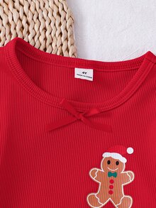 SHEIN Young Girl Gingerbread Man Print Lettuce Trim Long Sleeve Top & Striped Pants PJ Set - Red - View 5