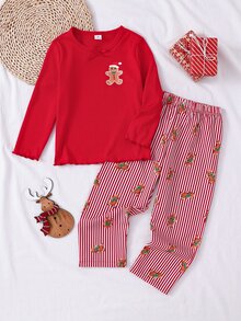 SHEIN Young Girl Gingerbread Man Print Lettuce Trim Long Sleeve Top & Striped Pants PJ Set - Red - View 3