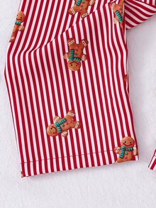 SHEIN Young Girl Gingerbread Man Print Lettuce Trim Long Sleeve Top & Striped Pants PJ Set - Red - View 6