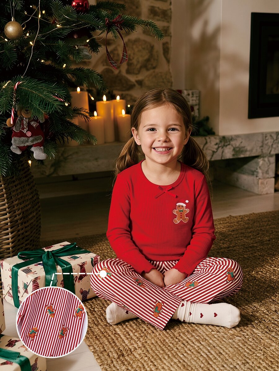 SHEIN Young Girl Gingerbread Man Print Lettuce Trim Long Sleeve Top & Striped Pants PJ Set - Red - View 1