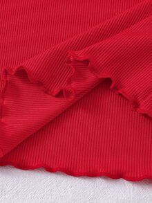 SHEIN Young Girl Gingerbread Man Print Lettuce Trim Long Sleeve Top & Striped Pants PJ Set - Red - View 8