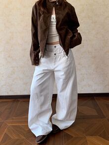 DAZY Women's Solid Color Casual Street Loose Fit All-Season Versatile Jeans Everyday Traveling White Fall - White - View 4