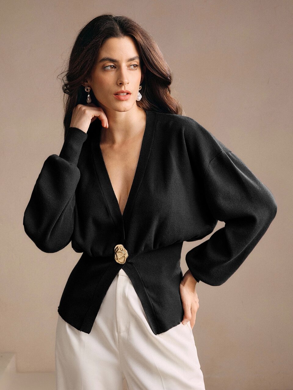 Elegant Black And Gold V-Neck Heavy Knit Cardigan,Autumn Casual Women Sweater Jacket With Asymmetric Button For Dining,Party,Work,Wedding,Christmas
