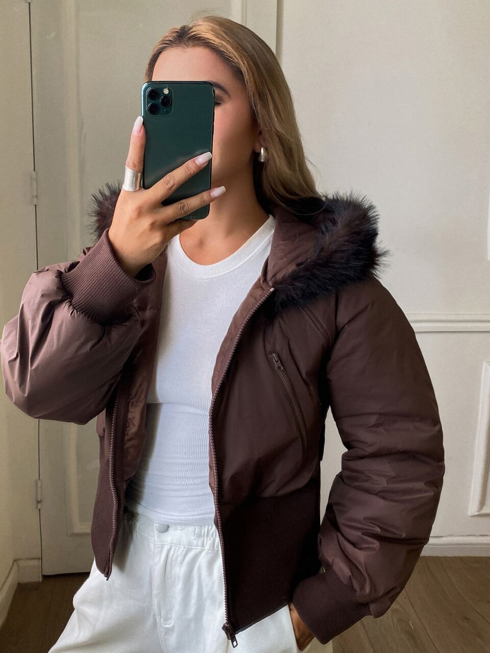 Women's Solid Color Long Sleeve Zipper Front Fur Collar Hooded Winter Jacket Fall