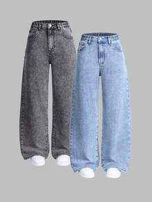 SHEIN 2pcs Teen GirlAll-Match Versatile Loose Straight Leg Relaxed Fit Casual Jeans, Flattering & Snug Suitable For Spring, Autumn & Winter Daily Wear Fall - Multicolor - View 4