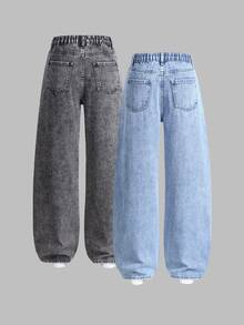 SHEIN 2pcs Teen GirlAll-Match Versatile Loose Straight Leg Relaxed Fit Casual Jeans, Flattering & Snug Suitable For Spring, Autumn & Winter Daily Wear Fall - Multicolor - View 3