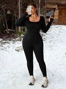 Muchica 大尺碼抓絨內裡保暖針織連身褲，黑色長袖修身款，適合秋冬穿著，秋季海灘外出度假性感寬鬆 - 黑色 - 查看 6