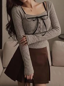 DAZY Women's 2 Pieces Set, Fitted Short Camisole With Contrast Color Bow, Short Long Sleeve Cover-Up, Casual Vacation Korean Style Spring/Autumn Outfit - Khaki - View 2