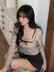 DAZY Women's 2 Pieces Set, Fitted Short Camisole With Contrast Color Bow, Short Long Sleeve Cover-Up, Casual Vacation Korean Style Spring/Autumn Outfit - Khaki - View 5