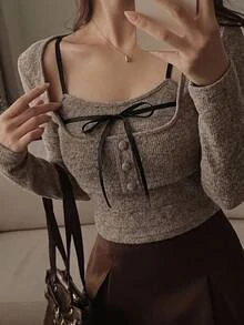 DAZY Women's 2 Pieces Set, Fitted Short Camisole With Contrast Color Bow, Short Long Sleeve Cover-Up, Casual Vacation Korean Style Spring/Autumn Outfit - Khaki - View 3