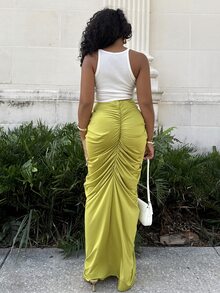 Alexandranx Olive Green Beaded Metal Decor Pleated Skirt,Seksi Chic Goddess Style Summer Beach Skirt For Women,Vacation Holiday Party Club Date Night Wear - Green - View 2