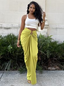 Alexandranx Olive Green Beaded Metal Decor Pleated Skirt,Seksi Chic Goddess Style Summer Beach Skirt For Women,Vacation Holiday Party Club Date Night Wear - Green - View 1