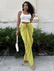 Alexandranx Olive Green Beaded Metal Decor Pleated Skirt,Seksi Chic Goddess Style Summer Beach Skirt For Women,Vacation Holiday Party Club Date Night Wear - Green - View 4