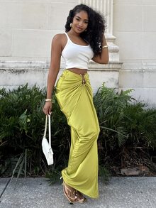 Alexandranx Olive Green Beaded Metal Decor Pleated Skirt,Seksi Chic Goddess Style Summer Beach Skirt For Women,Vacation Holiday Party Club Date Night Wear - Green - View 5