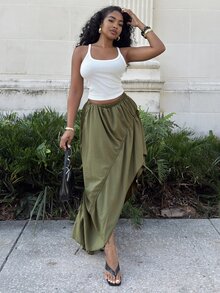 Alexandranx Asymmetrical Hem Adjustable Drawstring Skirt Fashionable Streetwear - Olive Green - View 4