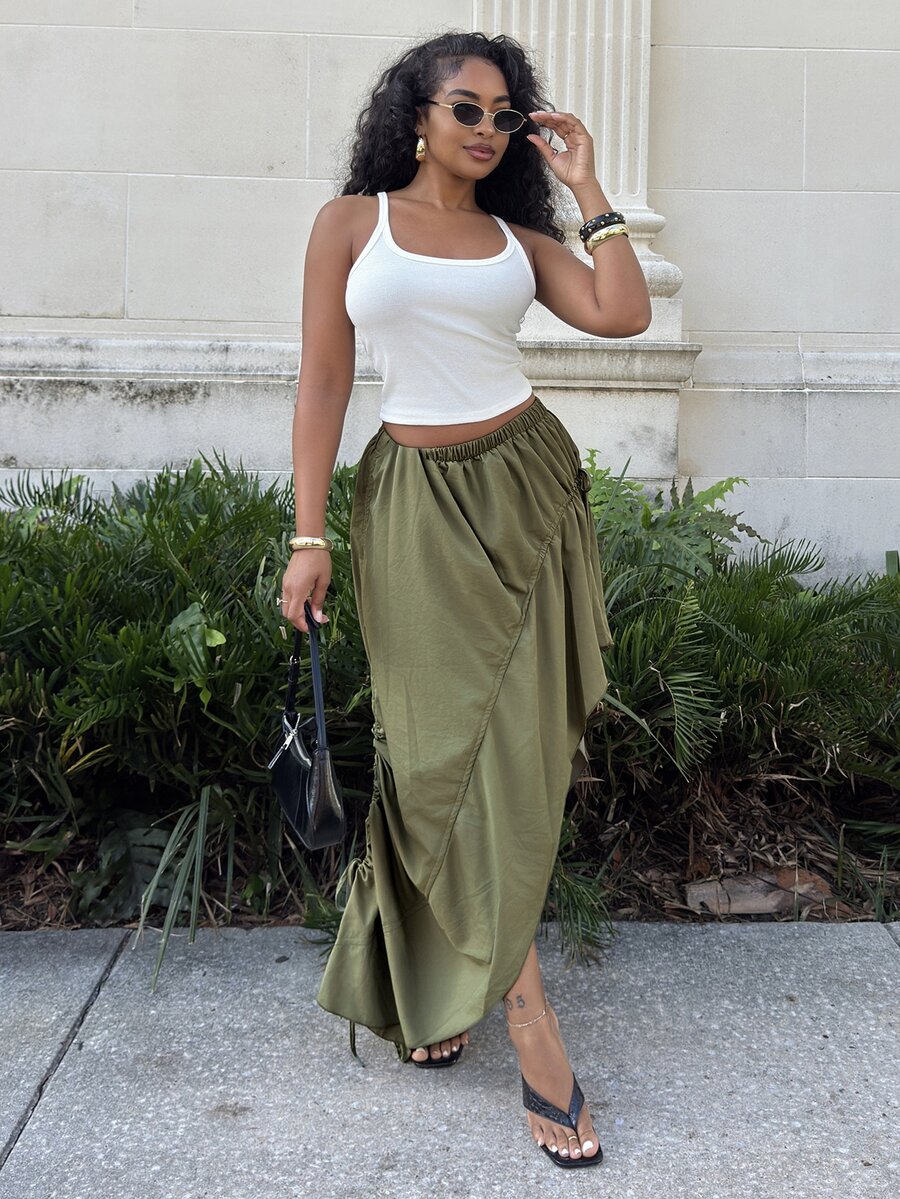 Alexandranx Asymmetrical Hem Adjustable Drawstring Skirt Fashionable Streetwear - Olive Green - View 1