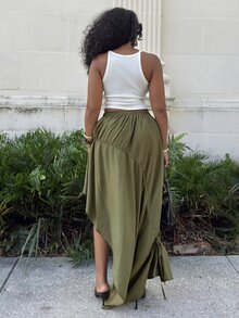 Alexandranx Asymmetrical Hem Adjustable Drawstring Skirt Fashionable Streetwear - Olive Green - View 2