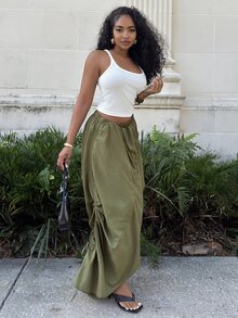 Alexandranx Asymmetrical Hem Adjustable Drawstring Skirt Fashionable Streetwear - Olive Green - View 5