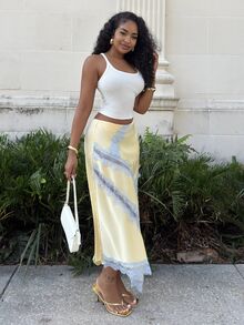 Alexandranx Women's Elegant Light Yellow Satin Skirt With Lace Trim,Summer Asymmetric Slit Vacation Holiday Wear,Suitable For Beach,Party,Brunch,Wedding Guest - Yellow - View 5