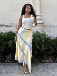 Alexandranx Women's Elegant Light Yellow Satin Skirt With Lace Trim,Summer Asymmetric Slit Vacation Holiday Wear,Suitable For Beach,Party,Brunch,Wedding Guest - Yellow - View 4