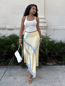 Alexandranx Women's Elegant Light Yellow Satin Skirt With Lace Trim,Summer Asymmetric Slit Vacation Holiday Wear,Suitable For Beach,Party,Brunch,Wedding Guest - Yellow - View 1