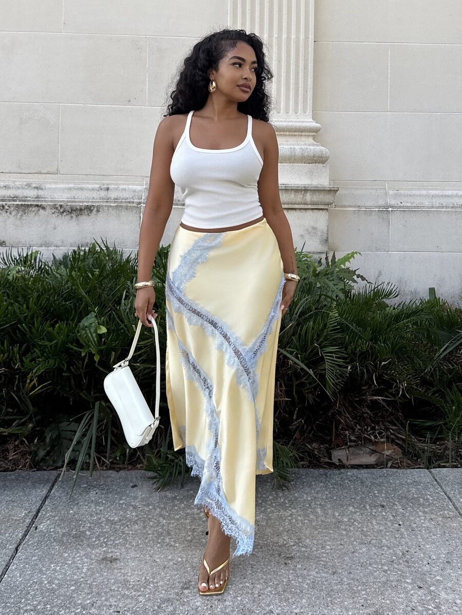 Alexandranx Women's Elegant Light Yellow Satin Skirt With Lace Trim,Summer Asymmetric Slit Vacation Holiday Wear,Suitable For Beach,Party,Brunch,Wedding Guest - Yellow - View 1