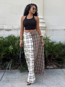 Alexandranx Mixed Plaid Button Front Skirt Fashionable Streetwear Fold Over Maxi Skirt, Back To School - Multicolor - View 4
